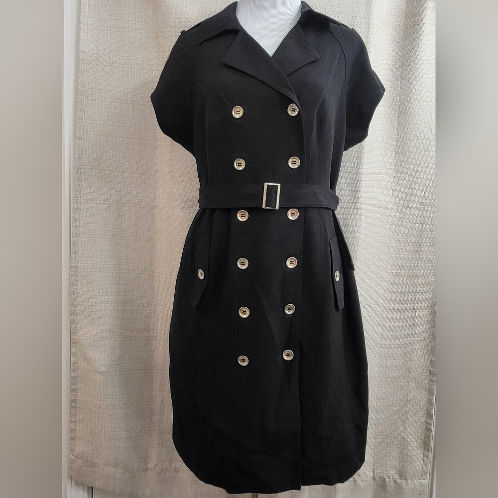 Calvin Klein Black Double Breasted Cap Sleeve Trench Dress Size 14‎ 'Cruise Chic